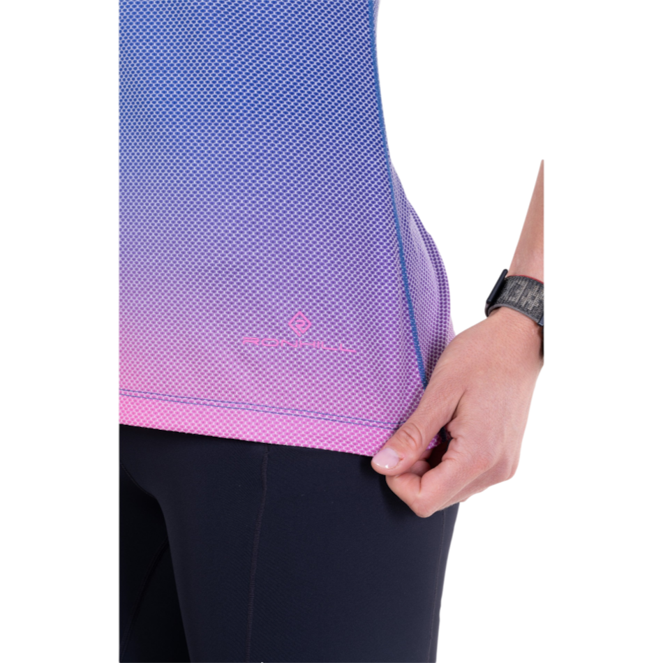 Up & Running Ronhill women's running tee in orchid glow ombre with Polartec Delta cooling mesh fabric