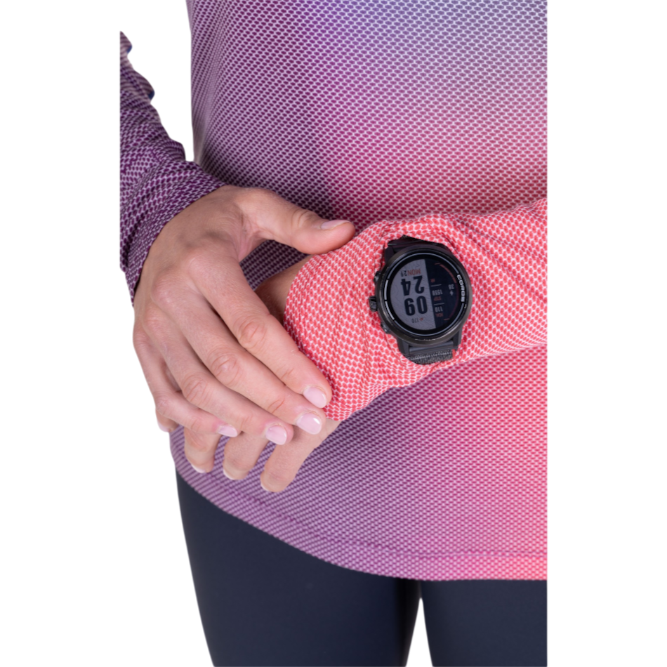 Up & Running Ronhill women's long sleeve running top in blue violet with a watch window for easy smartwatch access
