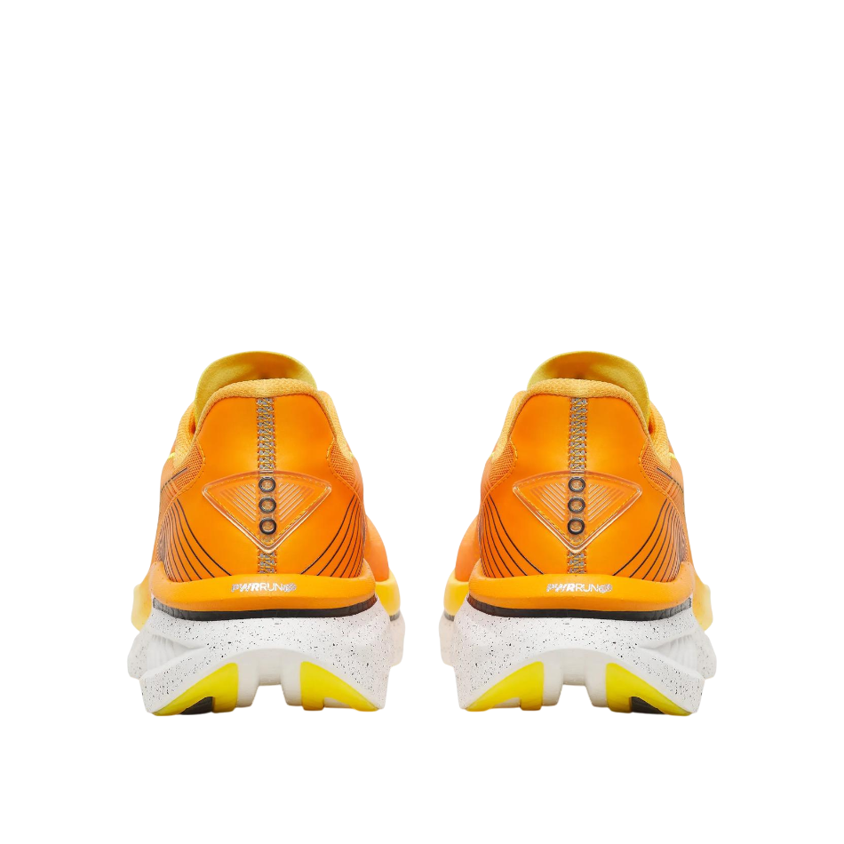 Up & Running Saucony Men's Endorphin Azura running shoes in bright orange Fuego colour, rear view showing sole detail.