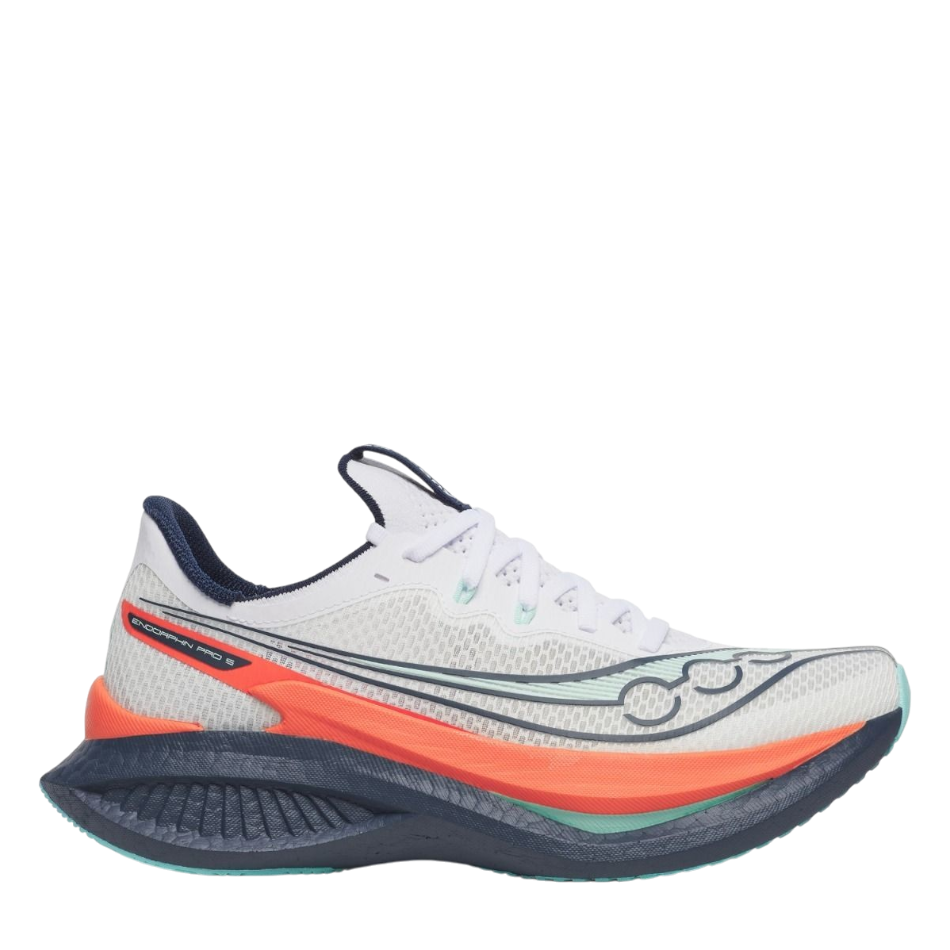 Up & Running Saucony Endorphin Pro 5 women's running shoes in white and navy with orange accents and carbon plate