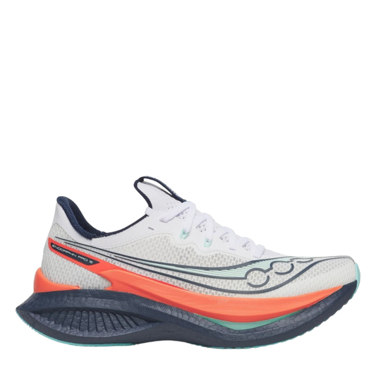 Up & Running Saucony Endorphin Pro 5 women's running shoes in white and navy with orange accents and carbon plate