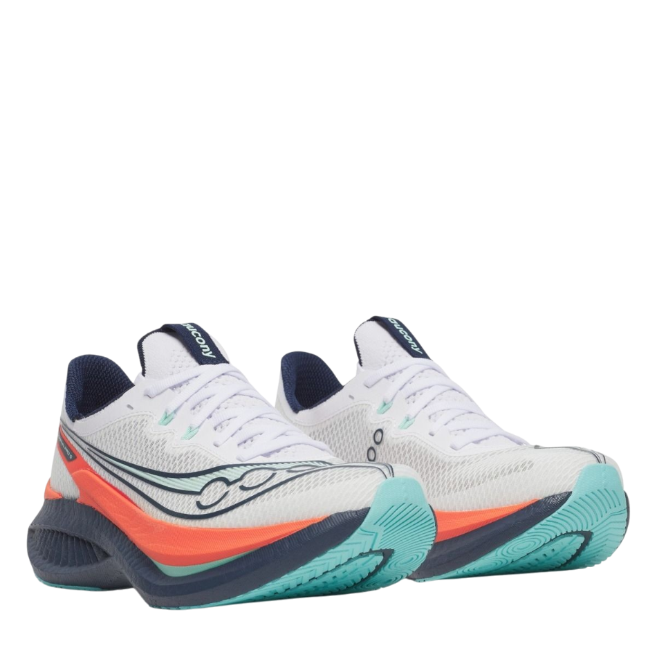 Up & Running Saucony Women's Endorphin Pro 5 white and navy carbon-plated running shoes with orange midsole detail