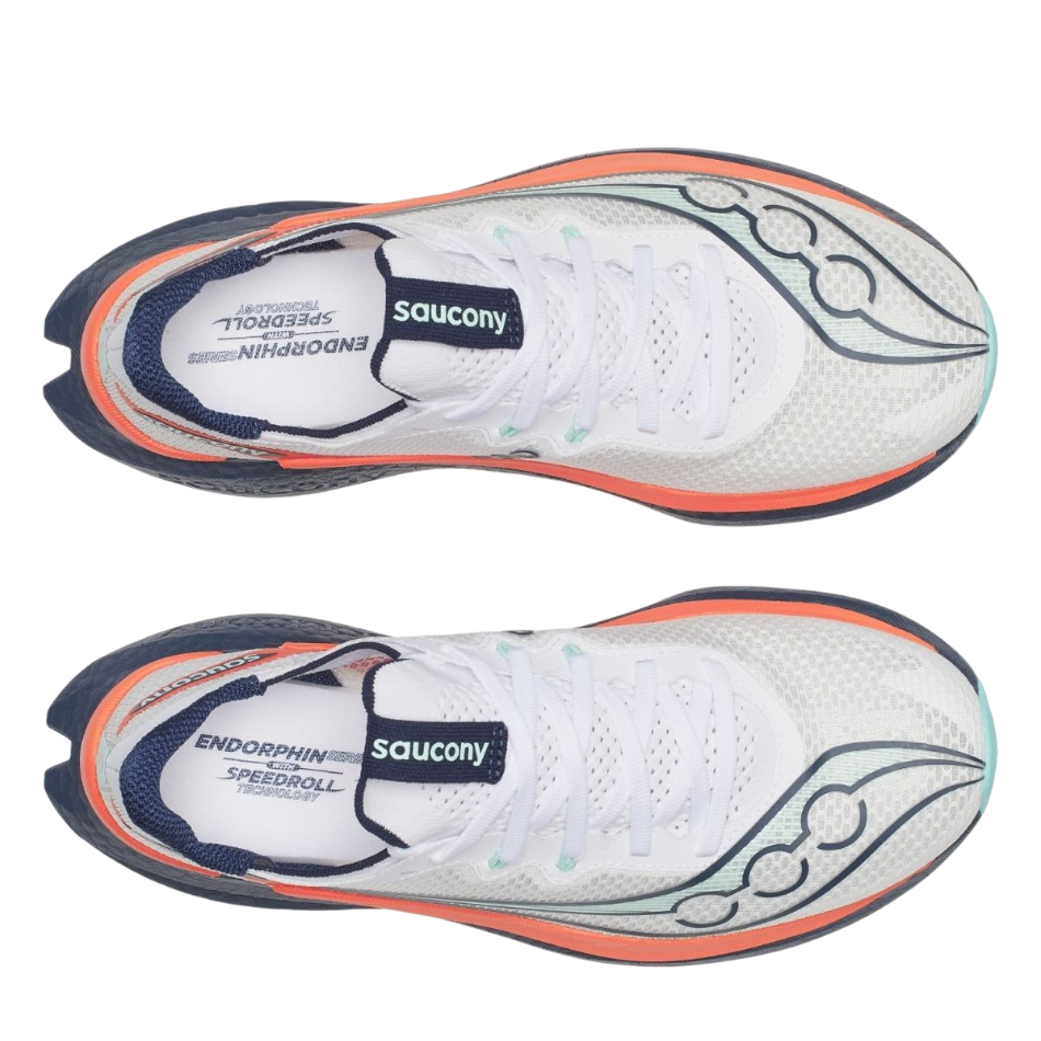 Up & Running Saucony Women's Endorphin Pro 5 white and navy carbon-plated running shoes, top view
