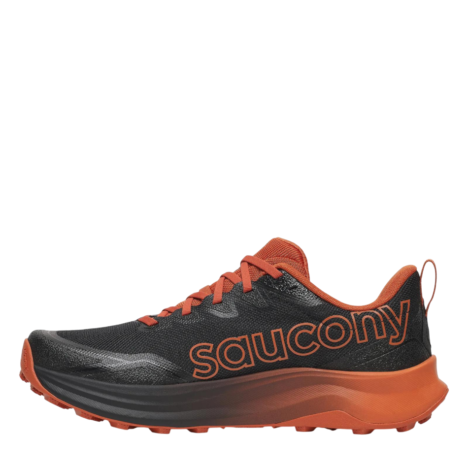 Up & Running Saucony Peregrine 16 trail running shoe in black and rust with PWRRUN cushioning and Vibram outsole