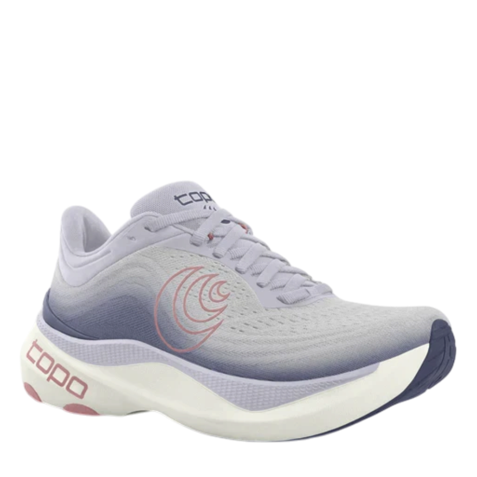 Up & Running Topo Women's Aura running shoes in purple and lilac with a cushioned white midsole and logo detail
