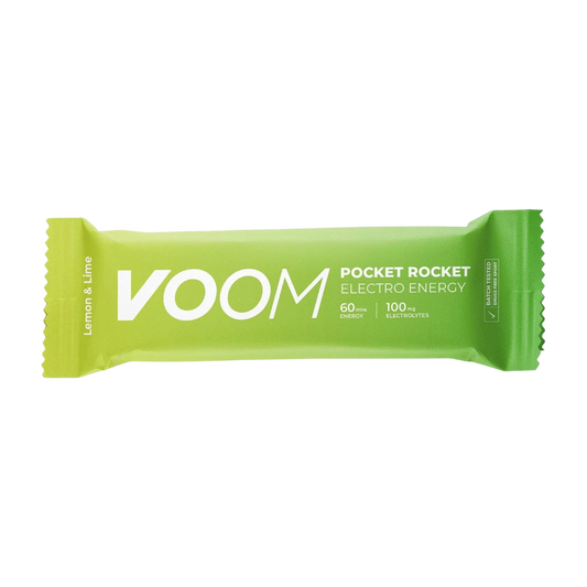 Up & Running Voom Electro Energy Chew in lemon and lime flavour, a green 45g carbohydrate bar for endurance sports.